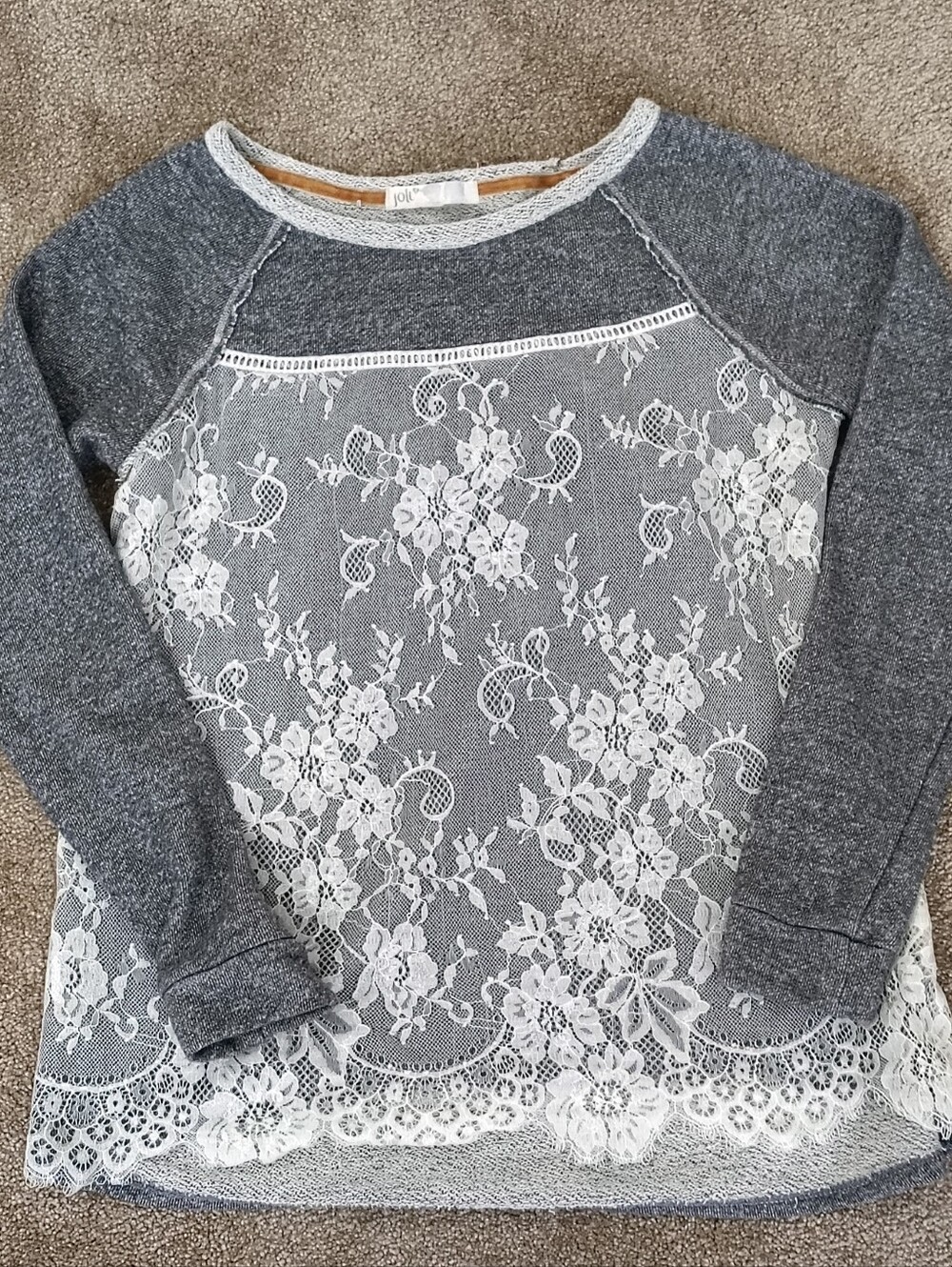 Fairy GrungeSweatshirt Women Medium Gray Lace Front Crew Pullover Distressed Y2K